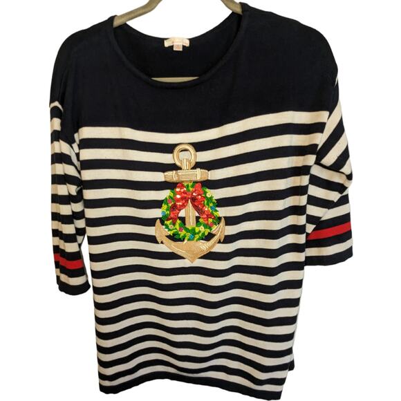 Cabana Cay Small S Blue White Stripe Anchor Wreath Holiday Sweater 3/4 Sleeve - Picture 1 of 12